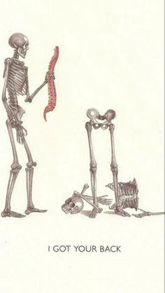 a skeleton holding a red object in its hand and another skeleton standing next to it