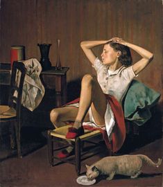 a painting of a woman sitting on a chair next to a cat