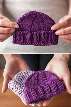 two photos showing the same hat in different stages of being knitted, one is purple and the other is gray