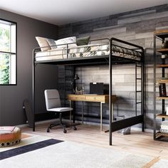 a loft bed with desk underneath it in a room next to a chair and bookshelf