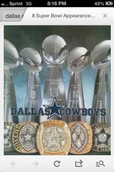 an advertisement for the cowboys football team, featuring three trophies and two super bowl rings