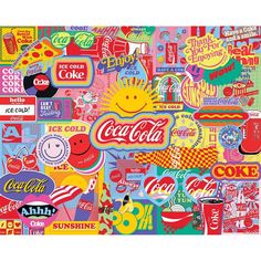 a collage of coca cola stickers on a colorful background with different colors and shapes