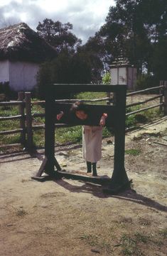 a woman standing in front of a wooden fence with her hands on the top of it