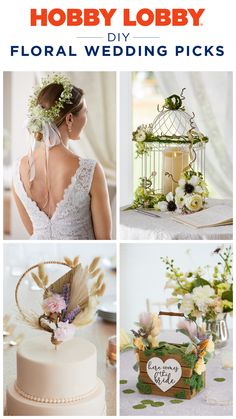 a collage of wedding photos with flowers and birdcage