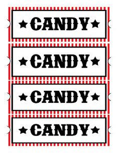 three red and black candy labels with the words candy, candy, and candy on them