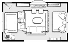 a drawing of a living room with couches, tables and other furniture in it