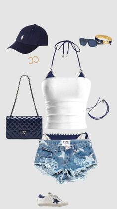 a white tank top and denim shorts with blue accessories