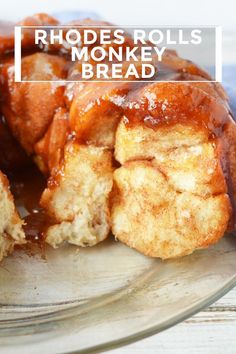 a close up of a bundt cake on a plate with the words rhodes rolls monkey bread