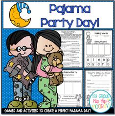 two children hugging each other with the words pagama party day written on it