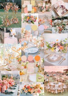 a collage of photos with different colors and flowers on them, including pinks, oranges, yellows, and blue