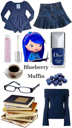 the blueberry muffin is on display with other items and accessories to make it look like