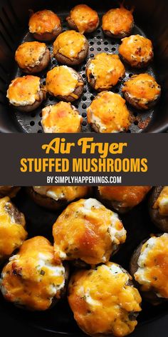 an air fryer filled with stuffed mushrooms