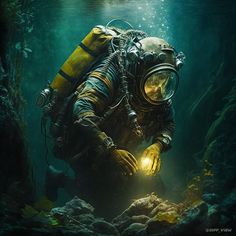 a man in a diving suit is holding a flashlight under the water's surface