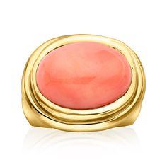 Ross-Simons - C. 1970 Vintage Red Coral Ring in 18kt Yellow Gold. Size 6. C. 1970. The unique hue of red coral is as popular as ever today. Take this Estate collection ring, for example. A bold 17.5x13mm oval cabochon of the gem assumes an east-west orientation, surrounded by a step-style frame of mirror-bright 18kt yellow gold. An attention grabber, to be sure, but also that perfect pop of color to complement your outfit. 1/2" wide. Red coral ring. Exclusive, one-of-a-kind Estate Jewelry. Formal Coral Ring, Coral Jewelry Vintage, Red Coral Ring, Attention Grabber, Coral Ring, Coral Jewelry, East West, Red Coral, Oval Cabochon