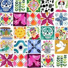 a collage of colorful tiles with flowers and skulls