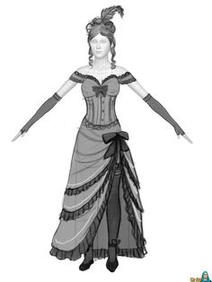 a black and white drawing of a woman wearing a dress with ruffles on it