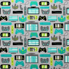 a gray background with blue and green video game controllers