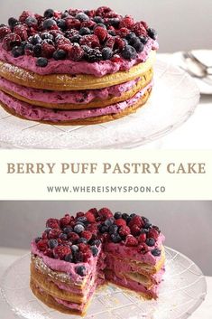 a cake with blueberries and raspberries on top is shown in two separate images