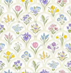 a floral wallpaper pattern with many different flowers and leaves on the white background stock photo