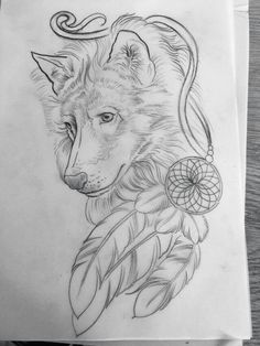 a drawing of a wolf with an dream catcher on it's head and feathers around its neck