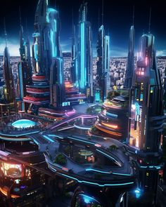 a futuristic city at night with neon lights