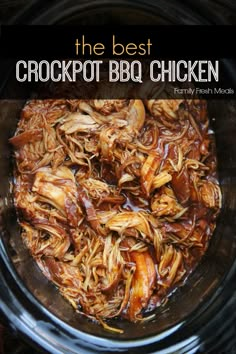 the best crockpot bbq chicken recipe is shown in a slow cooker