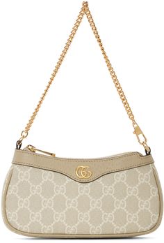 Coated canvas shoulder bag in beige. Logo pattern and grained leather trim throughout. · Detachable chain link carry handle · Logo hardware at face · Zip closure · Card slot at interior · Canvas lining · H4 x W7.5 x D1.5 in Supplier color: Beige/White Gucci Clothing, Gucci Outfits, Buy Gucci, Logo Pattern, Canvas Shoulder Bag, Buy Vintage, Leather Trim, Luxury Streetwear, Leather Trims