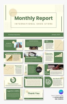 a green and white powerpoint presentation template with lots of information on the bottom corner