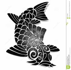 black and white drawing of a fish with intricate designs on it's back side