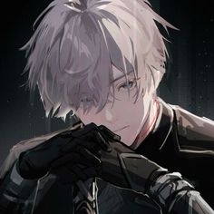 an anime character with white hair and black gloves holding his hands to his face while looking at the camera