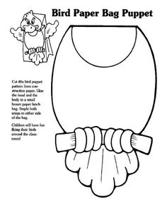 the bird paper bag puppet is shown in black and white, with instructions for how to make