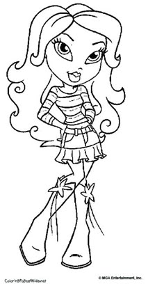 a cartoon girl with long hair wearing a striped shirt and skirt, standing in front of a