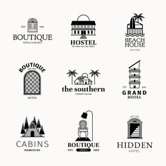 the logos for boutiques and hotels are shown in black and white, with an image of