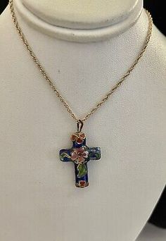 Vintage Cobalt Blue Cloisonné CROSS with Flowers 18” Chain | eBay Pretty Cross Necklace, Cross With Flowers, Cross Flowers, Vintage Cross Necklace, Jewelry Cross, The Chain, Cross Jewelry, Colourful Necklace, Vintage Costume Jewelry