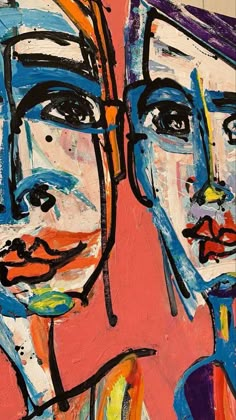 an abstract painting of two people's faces with different colors and shapes on them