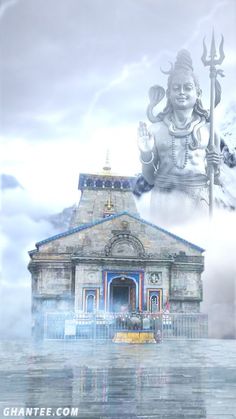 an artistic photo of a statue in front of a building with water and clouds around it