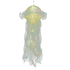 a jellyfish hanging from a string on a white background