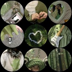 a collage of photos with green and white items in them, including a heart