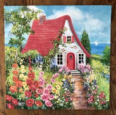 a painting of a house with flowers in front of it and a pathway leading to the door