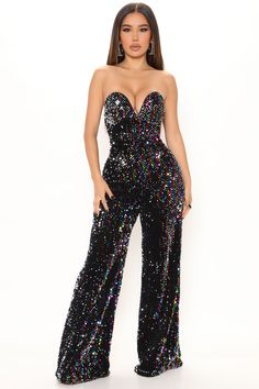 Available In Black/Black And Black/combo. Sequin Jumpsuit Tube V-Wire Neckline Wide Leg Back Zipper Padded Bra Cups Lined Stretch Self: 100% Polyester Lining: 100% Polyester Imported | Sequin Party Jumpsuit in Black size 2X by Fashion Nova Rose Gold Sequin Jumpsuit, Sequin Jumpsuit Long Sleeve, Sparkly Jumpsuit, Two Piece Jumpsuit