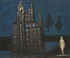 a painting of a man standing in front of a building with lights all over it