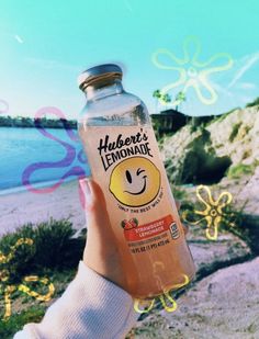 someone holding up a bottle of lemonade near the water's edge with an emoticive smiley face drawn on it