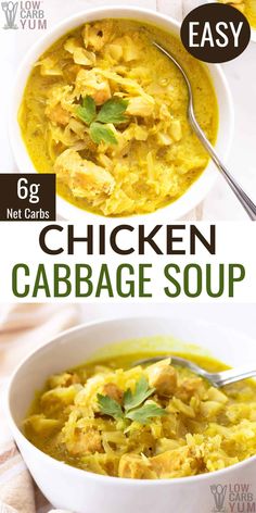 chicken cabbage soup in a white bowl with a spoon on the side, and an image of