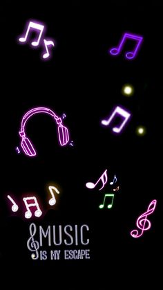 music is my escape with headphones and musical notes in the dark, lit up by neon lights