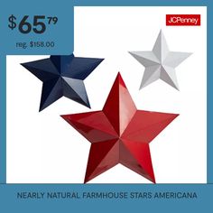 Want to show your love for the flag? Show patriotism for your country with this americana metal stars wall decor. Perfect for those special holidays or for year-round display, this wall decor is just what you need. The set of 3 comes with red, white, and blue stars. Makes a great gift for the men and women in service. Our carefully curated selection of wall hangings will help to make any room shine with personality.Mounting Type: Wall MountUse: IndoorMeasurements: 24 Height/Inches, 24 Width/Inc… Natural Farmhouse, Red White And Blue Stars, Stars Wall Decor, Wall Decor Metal, Metal Stars, Blue Stars, Star Wall, Nearly Natural, Blue Star