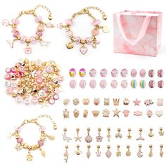 several different types of earrings and bracelets are shown in this image, including one with a pink bag