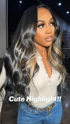 Sew In With Honey Blonde Highlights, Black Hair Peak A Boo Highlights, Quick Weave With Blonde Streaks, Weave With Blonde Streak, Sew In With Blonde Streaks, Middle Part Sew In With Leave Out Color, Dark Fall Hair Color Ideas 2023, Black Sew In With Highlights, Sew In Hairstyles With Highlights