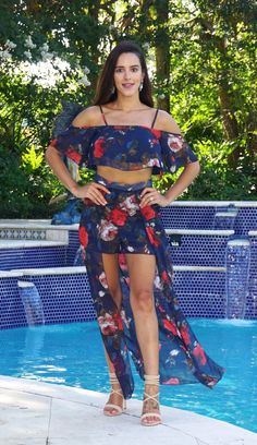 Floral Print Set - Navy Blue – J Namor Navy Floral, Latest Fashion, Adjustable Straps, Cover Up, Floral Print, Art Collection, Crop Top, Floral Prints, Navy Blue