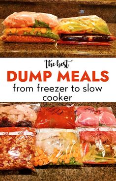 Image of meals in freezer bags with text "The best dump meals from freezer to slow cooker" Make Ahead Crockpot Meals To Freeze Dump Dinners Dinners, Crockpot Dump And Go Freezer Meals, One Pot Freezer Meals, Freezable Crockpot Meals, Family Food Prep For The Week, Freezer Pot Roast Crockpot, Easy Crockpot Meal Prep Freezer Recipes, Freezer To Crockpot Recipes, Crockpot Dump Meals Freezer Cooking