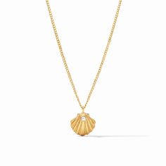 A lifelike golden starfish with a pearl at its center, held by a delicate golden curb chain. Sanibel Shells, Spa Gift Card, Julie Vos, Sun With Sunglasses, Scallop Shells, Station Necklace, Shell Pendant, Crossbody Tote, Delicate Necklace